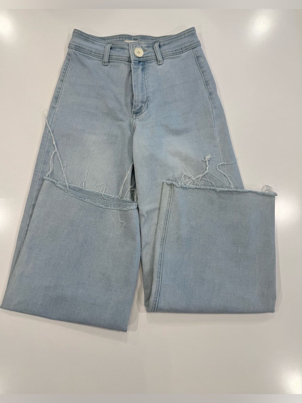 Oat NY Jeans Women’s 0/25 Light Blue Hi Rise Wide Leg Raw Hem Flat Front Stretch